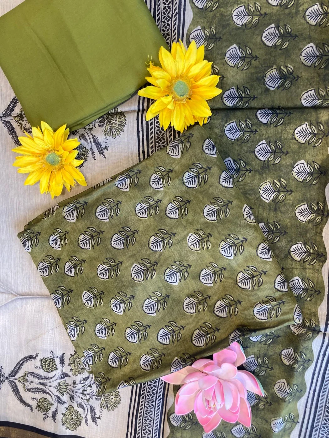 Olive green block printed unstitched
