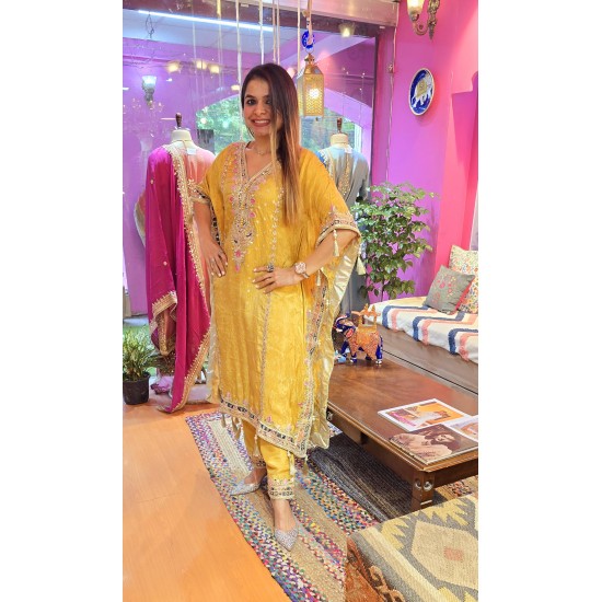 Yellow silk kaftan set 