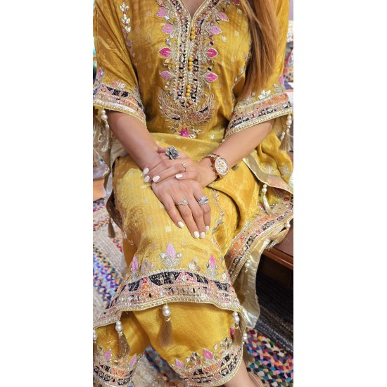 Yellow silk kaftan set 