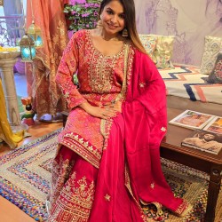 Red and pink banarasi silk plazzo set 