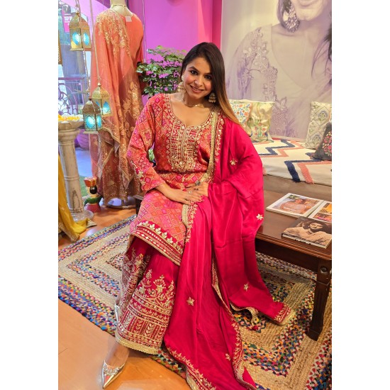 Red and pink banarasi silk plazzo set 