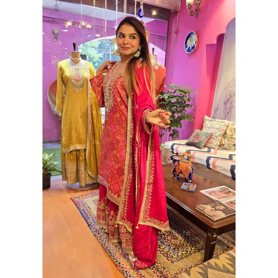 Red and pink banarasi silk plazzo set 