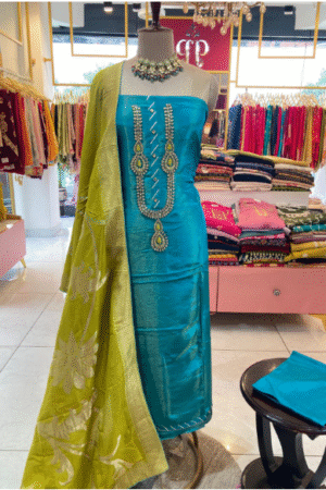 Kundan work unstitched suit set in silk