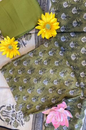 Olive green block printed unstitched